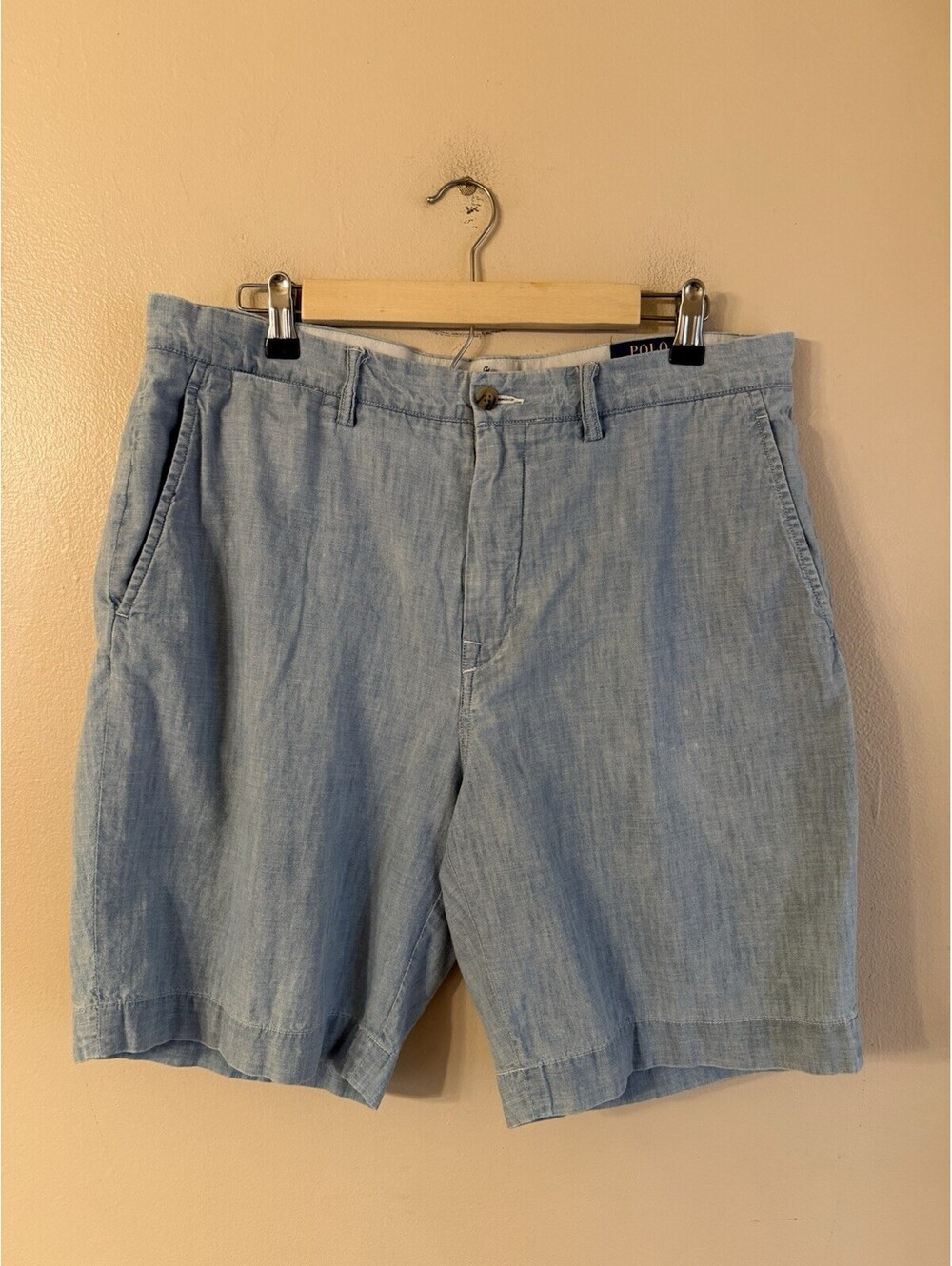 POLO RALPH LAUREN Classic Fit Chambray Light Blue 100% Cotton Shorts Size 35